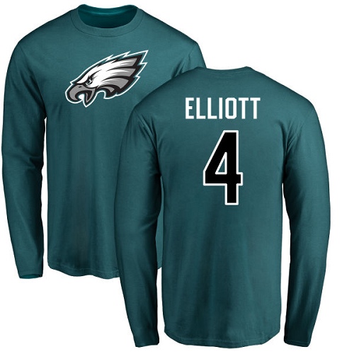 Men Philadelphia Eagles #4 Jake Elliott Green Name and Number Logo Long Sleeve NFL T Shirt->nfl t-shirts->Sports Accessory
